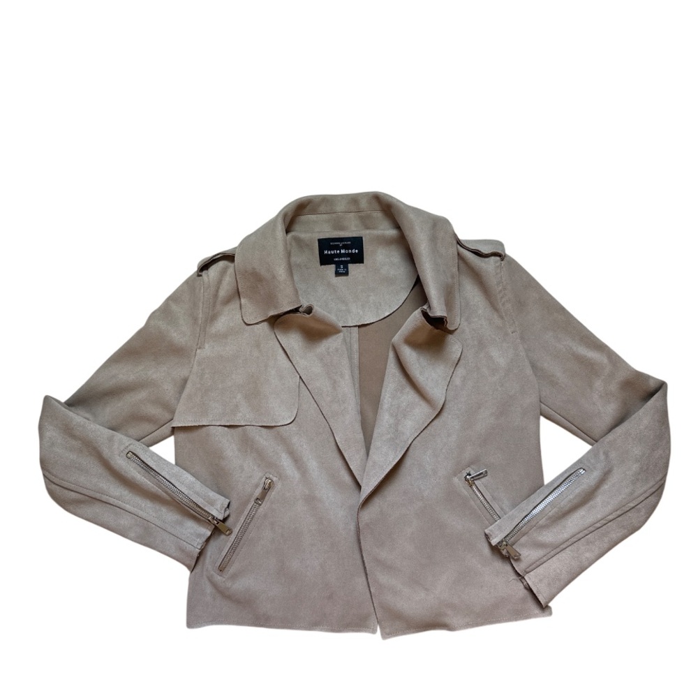 Suede Taupe Beige Blazer Jacket Sz S Minimalist Business Casual Zip Pockets - Picture 2 of 12